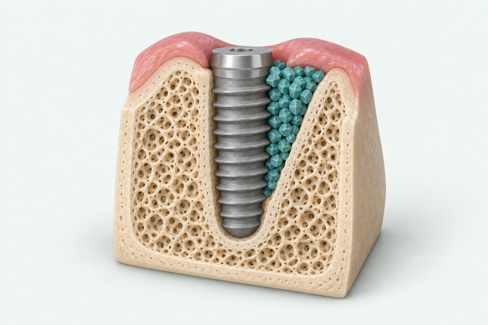 Coupe schématique : zone de comblement osseux le long d’un implant dentaire.