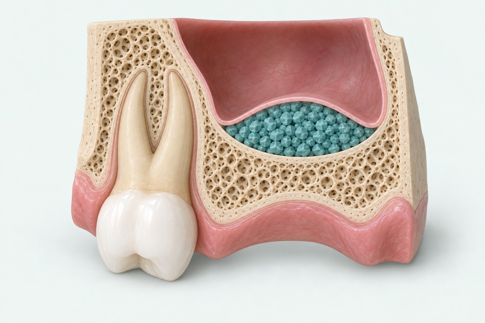 Coupe schématique du maxillaire : granules entre le plancher osseux et la membrane sinusienne soulevée.