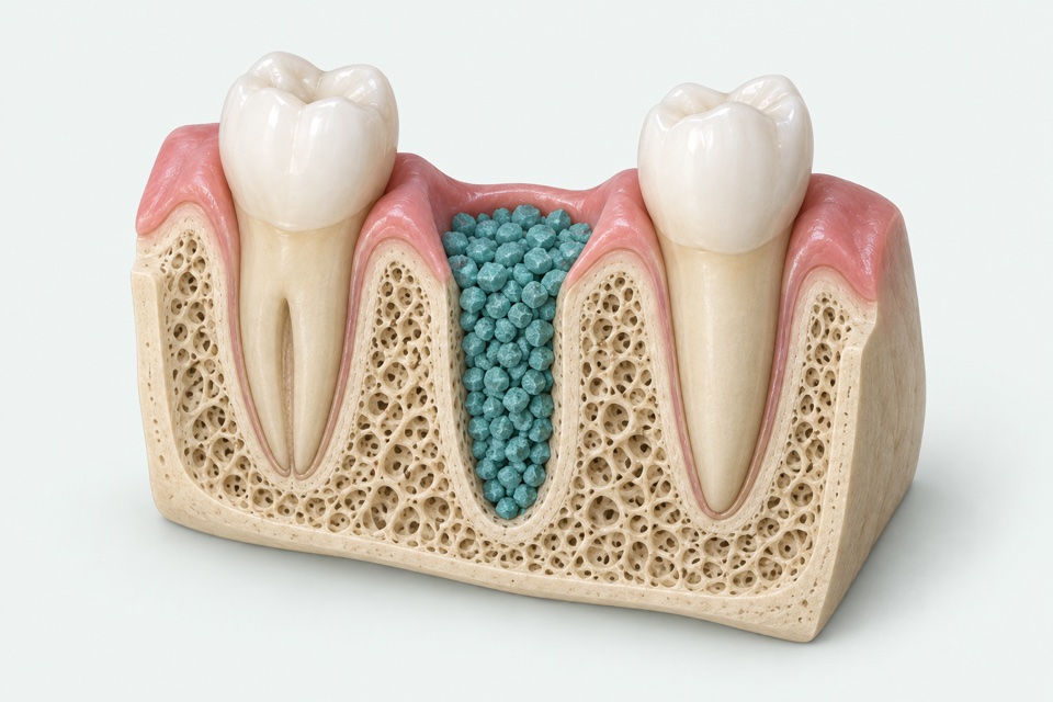 Coupe schématique : granules dans une alvéole après extraction, entre deux dents.