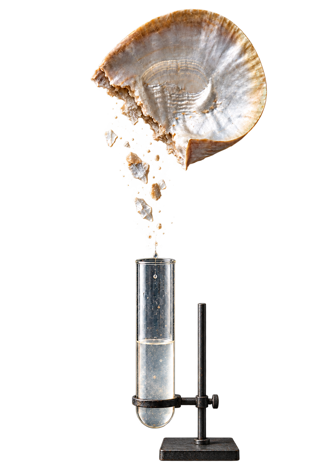 Illustrative composition: Pinctada maxima shell, nacre fragments and liquid in a test tube